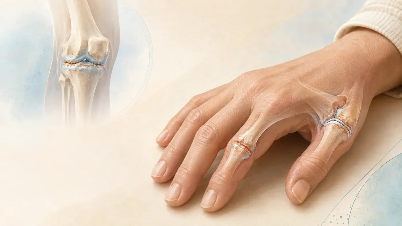 Ilustración médica de artrosis en la mano y la rodilla