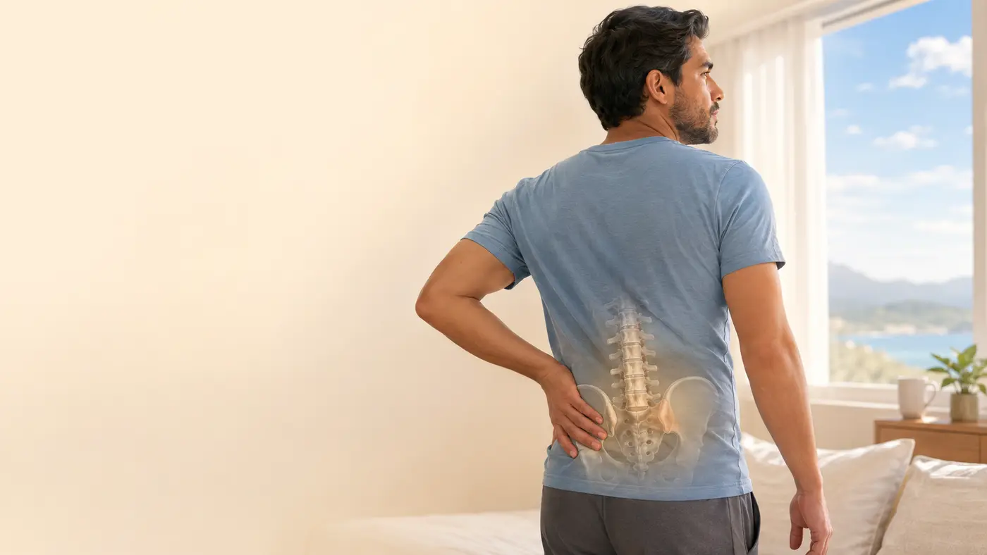 Adulto joven con rigidez lumbar y referencia a las articulaciones sacroilíacas