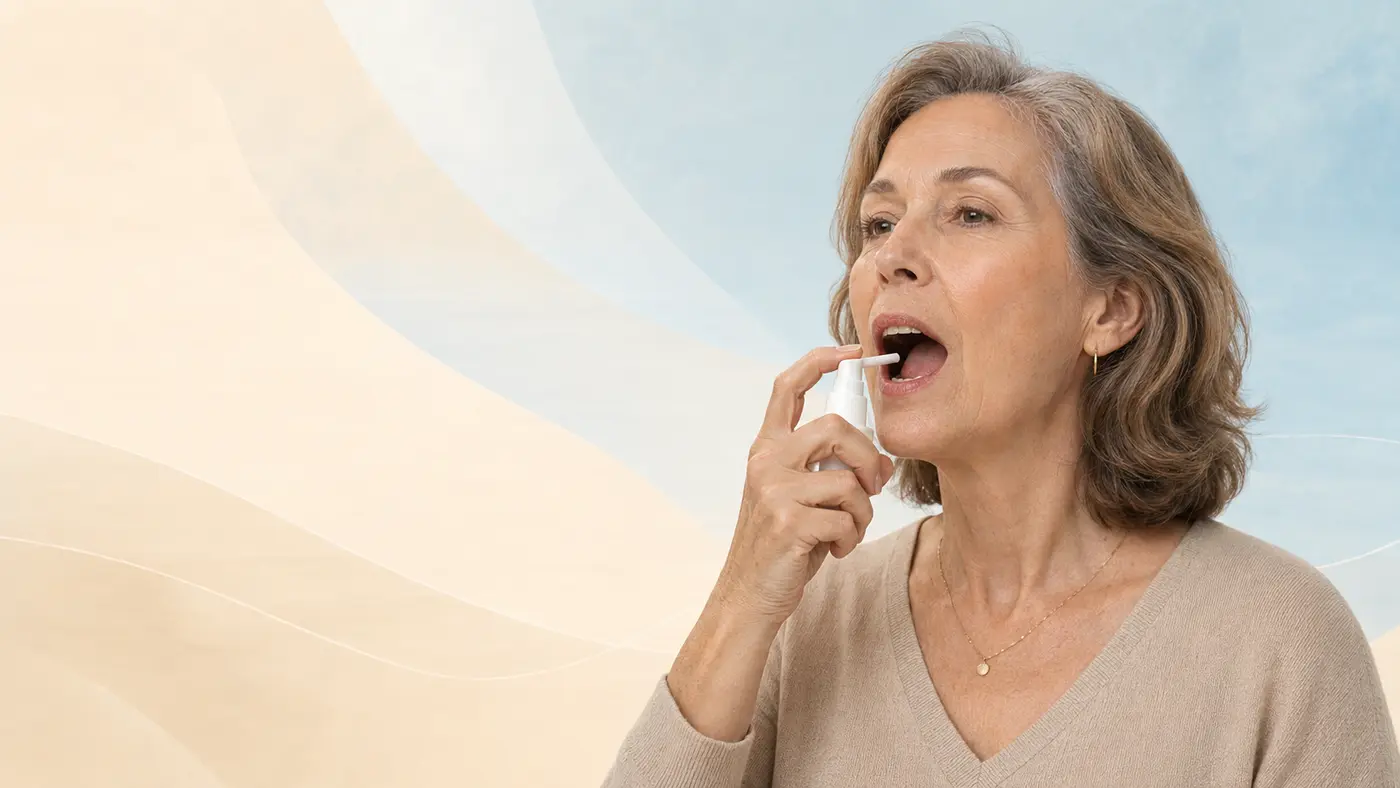 Mujer utilizando un spray de saliva artificial por sequedad bucal en síndrome de Sjögren